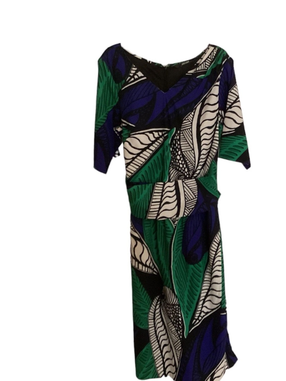 eShakti tropical leaf print midi dress in a vibrant blue and green colorway